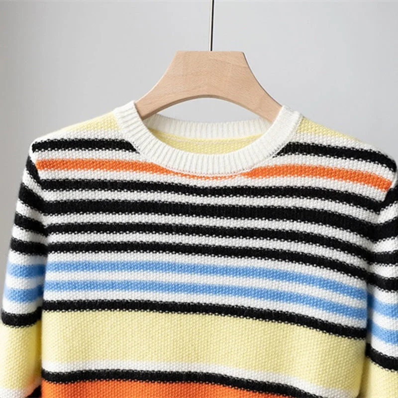 100%Cashmere Knitted Sweaters 2022 Autumn Winter Tops Women Striped Patterns Knitting Long Sleeve Casual Orange Blue Jumpers