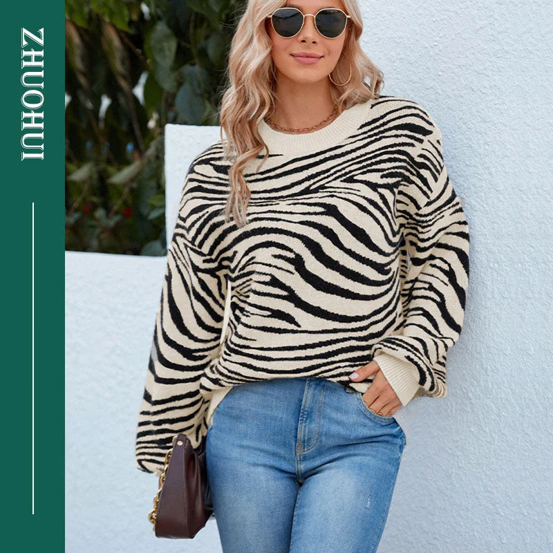 2022 Autumn Casual O Neck Contrast Color Zebra Patchwork Pullover Knitting Tops Women Fashion Streetwear Coat Sweater For Ladies