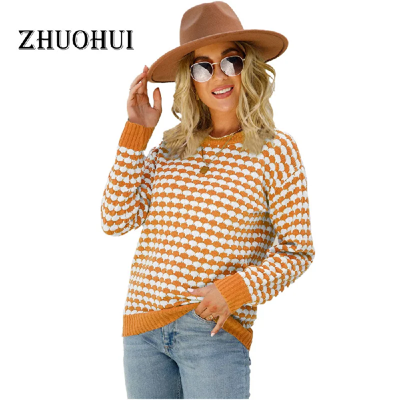 Autumn Casual O Neck Patchwork Knitting Pullover Sweater Tops For Women