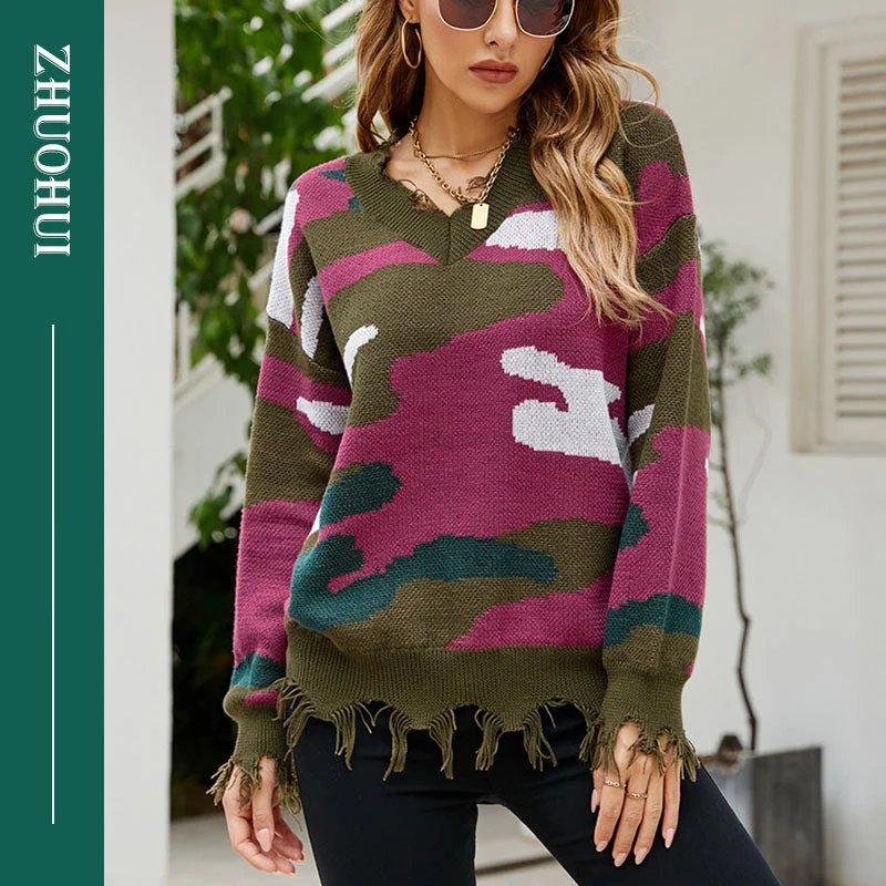 Autumn Casual V Neck Camouflage Color Cut Apart Pullover Sweatshirt Knit Tops Women Simple Streetwear Sweater For Ladies Clothes