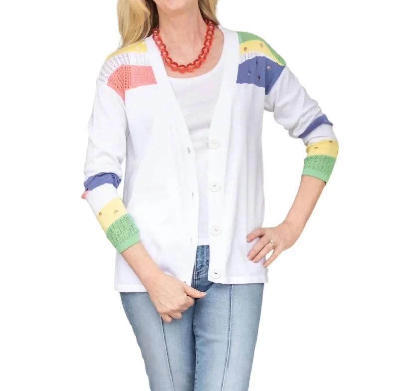 Button Front Cardigan In White/multi