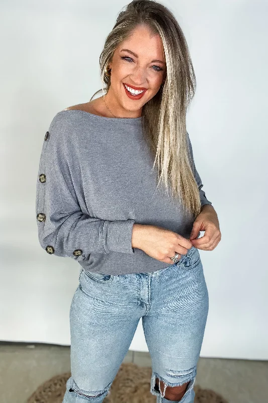 French Terry Button Sleeves Top - Charcoal