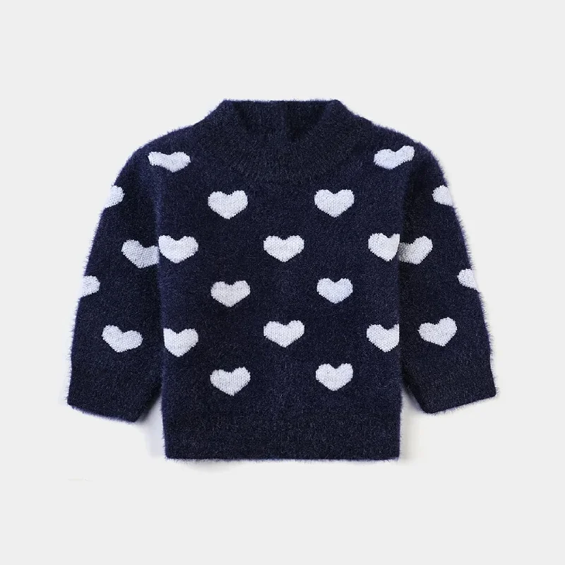 Infant Girls Feather-Acrylic Sweater Feather Heart-NAVY