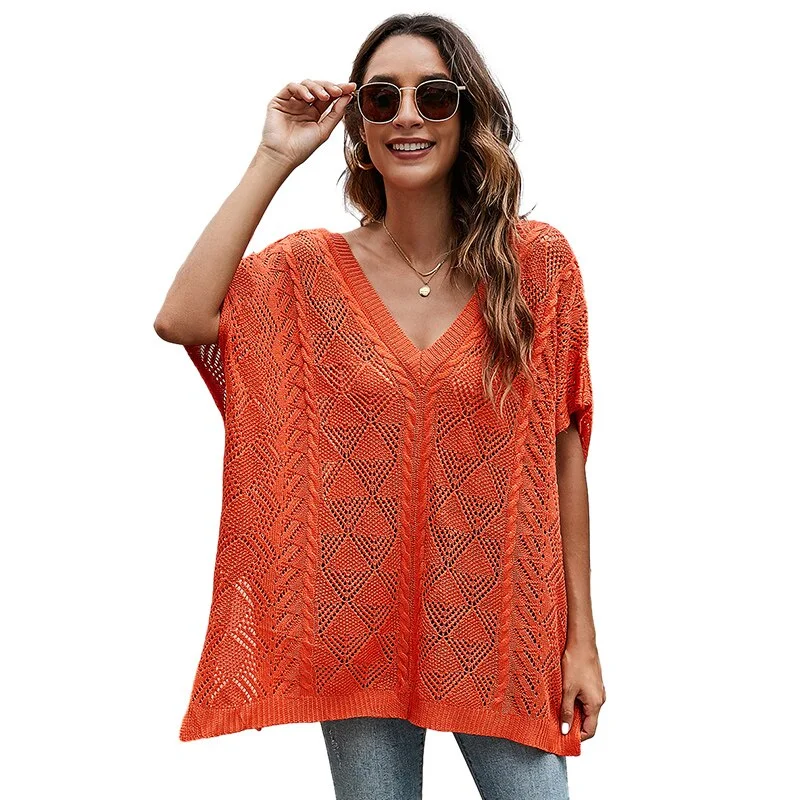 New Summer Openwork Batwing Sleeve Sweater Pullover Loose Knitted Blouse Solid Color V-neck Hollow Out Short Sleeve Shawl