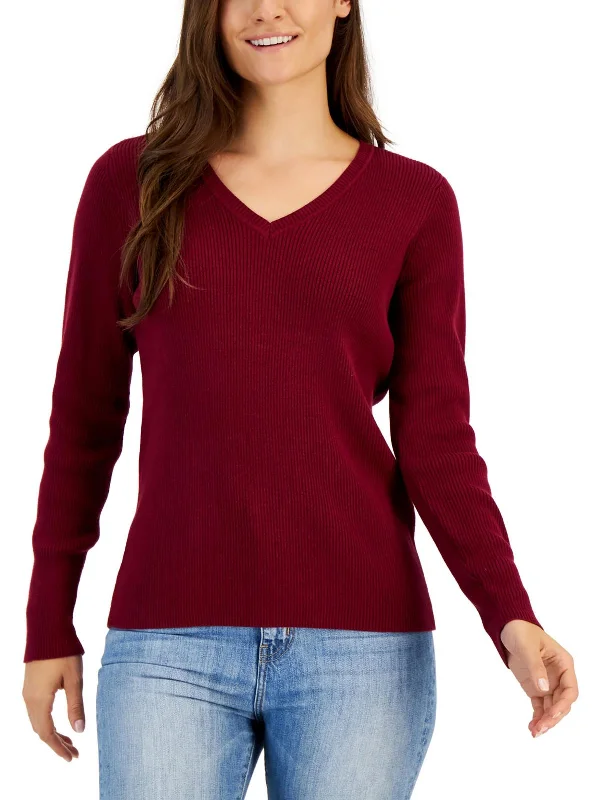 Petites Womens Cotton Ribbed Pullover Sweater