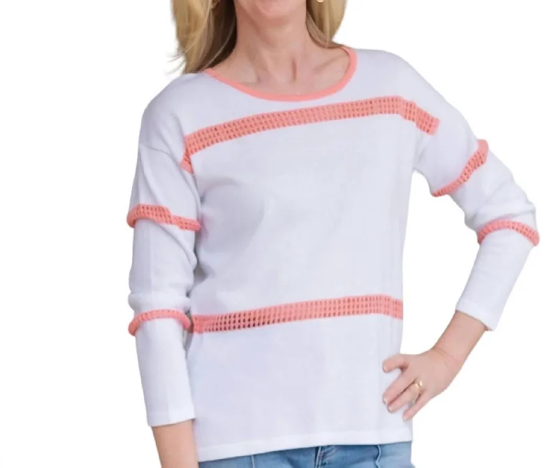 Striped Scoopneck Sweater In White/coral