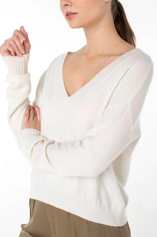 The Easy V Neck Sweater In White Salty