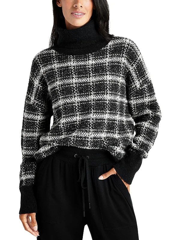 Womens Plaid Metallic Turtleneck Sweater