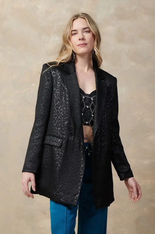 Black Leopard Jacquard Double Breasted Blazer