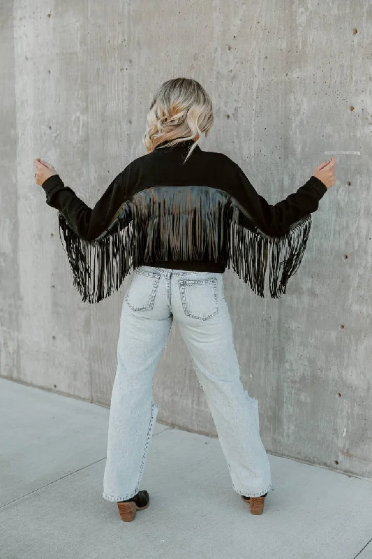 JOLENE CROPPED FRINGE DENIM JACKET IN BLACK