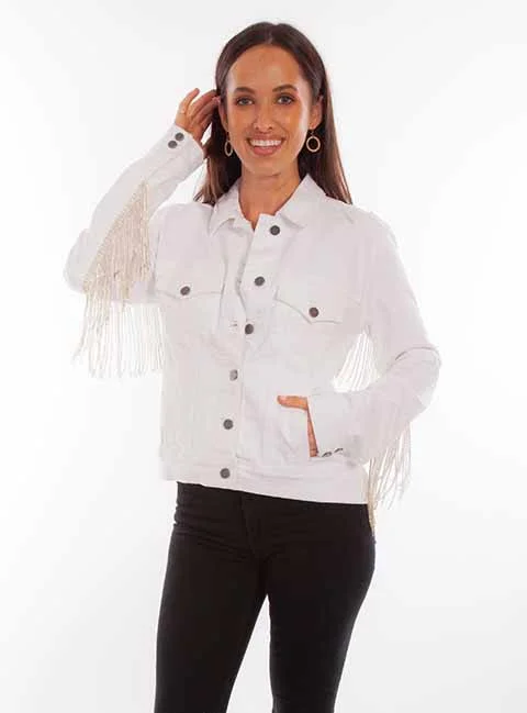 LADIES WHITE DENIM JACKET W/CRYSTAL FRINGE