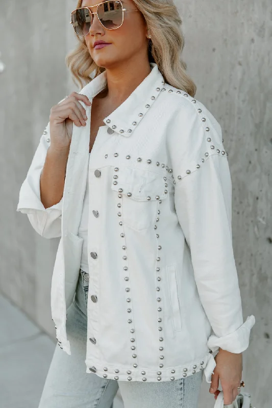 MENLO STUDDED AND DISTRESSED DENIM JACKET IN WHITE