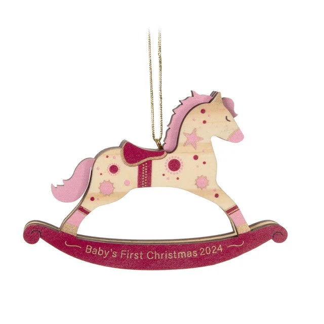 Hallmark 2024 Baby Girl's First Christmas Rocking Horse Wood Ornament