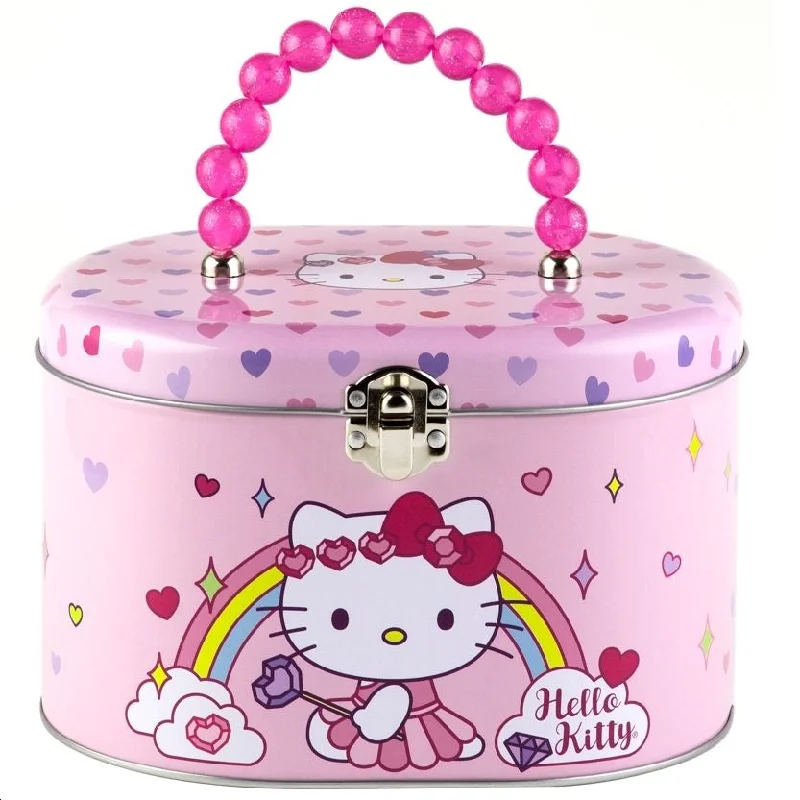 Sanrio Hello Kitty Jewel Hearts and Rainbow Oval Pink Tin Box Tote with Beaded Handle