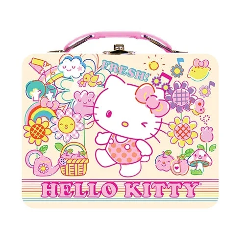 Sanrio Hello Kitty Loves Fresh Flowers and Fruits 7" Rectangular Ivory and Pink Tin Box Tote