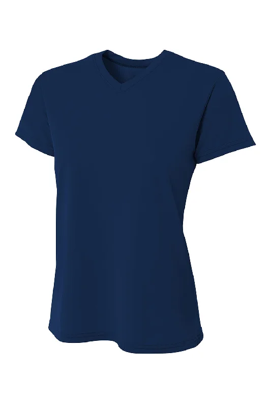 A4 Womens Sprint Performance Moisture Wicking Short Sleeve V-Neck T-Shirt - Navy Blue