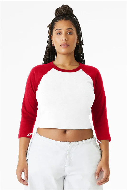 Bella + Canvas Womens Micro Ribbed Raglan 3/4 Sleeve Crewneck Baby T-Shirt - White/Red