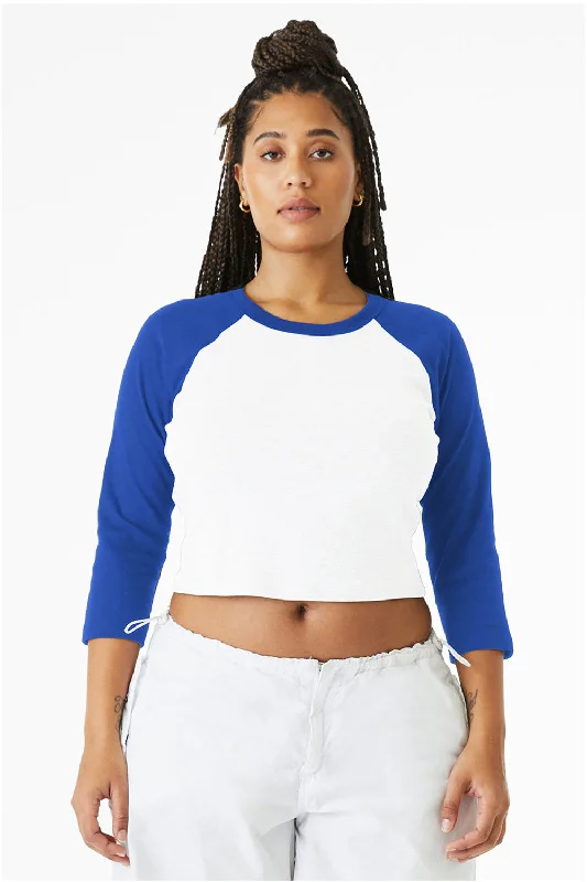 Bella + Canvas Womens Micro Ribbed Raglan 3/4 Sleeve Crewneck Baby T-Shirt - White/True Royal Blue