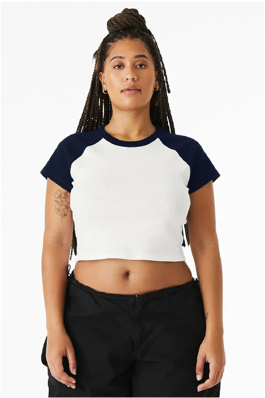 Bella + Canvas Womens Micro Ribbed Raglan Short Sleeve Crewneck Baby T-Shirt - White/Navy Blue