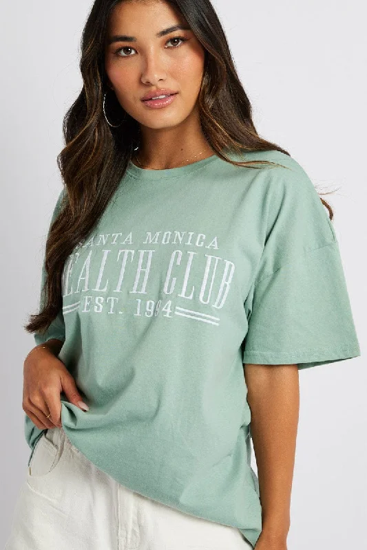 Green Graphic Tee Health Club Embroidery Slogan T-shirt