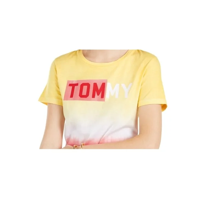 Tommy Hilfiger Women's Cotton Ombre-Stripe Logo T-Shirt Yellow Size Medium