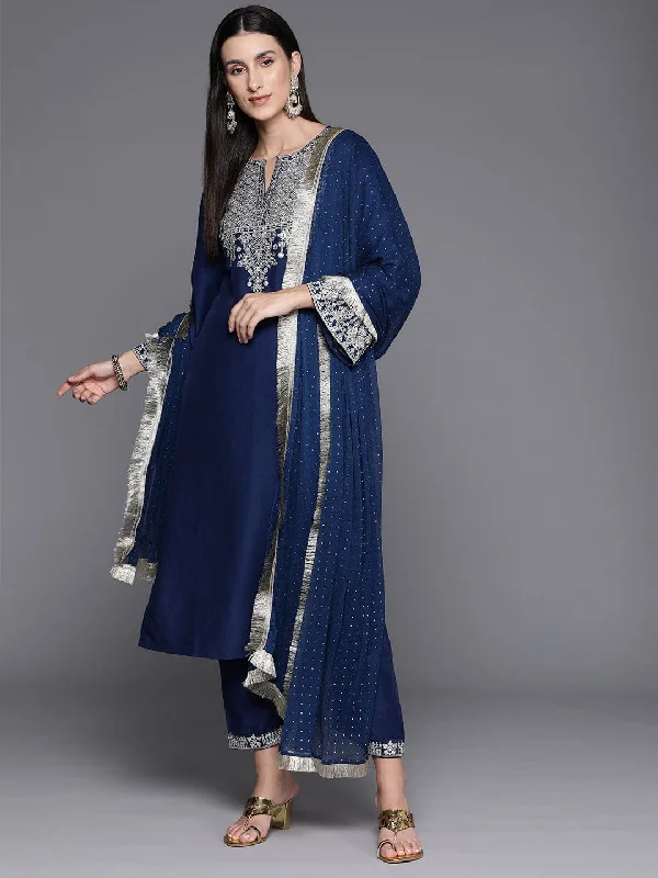 Blue Embroidered Straight Kurta Paired With Tonal Bottom And Dupatta