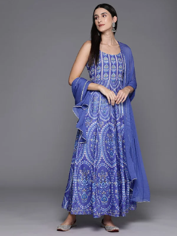 Blue Floral Printed Round Neck Anarkali Kurta With Blue Solid Dupatta Vkur1248 Vardup1591