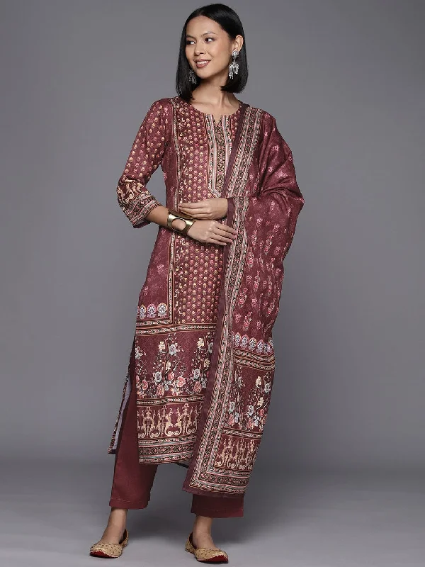 Burgundy Ethnic Motif Printed Straight Kurta Paired With Tonal Bottom And Dupatta