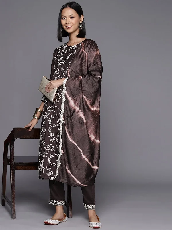 Coffee Brown Embroidered Kurta Paired With Tonal Bottom And Dupatta