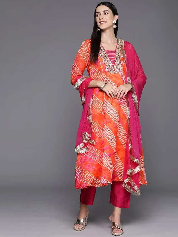 Fushia Bhandhani Printed Anarkali Kurta Paired With Bottom And Dupatta