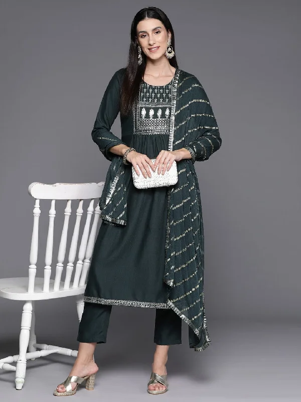 Grey Yoke Embroidered Straight Kurta Paired With Tonal Solid Bottom And Dupatta