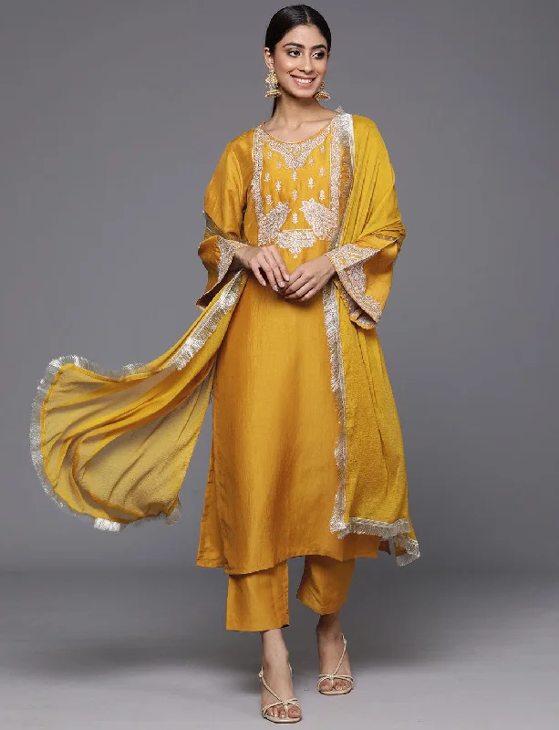 Mustard Embroidered Straight Kurta Paired With Tonal Bottom And Dupatta