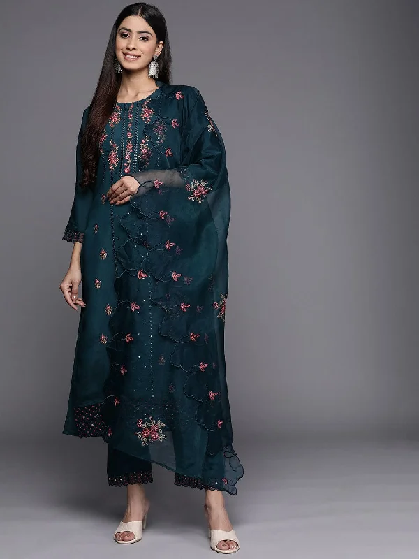 Varanga Women Teal Floral Embroidered Mirror Work Chanderi Silk Kurta with Trousers & With Dupatta