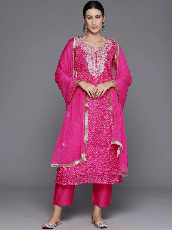 Pink Bandhani Printed Straight Kurta Paired With Bottom And Dupatta