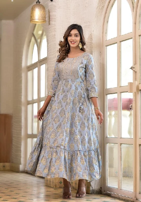 Varanga Women Blue Ethnic Motif Mirror Wor Embroidered Yoke tiered Dress