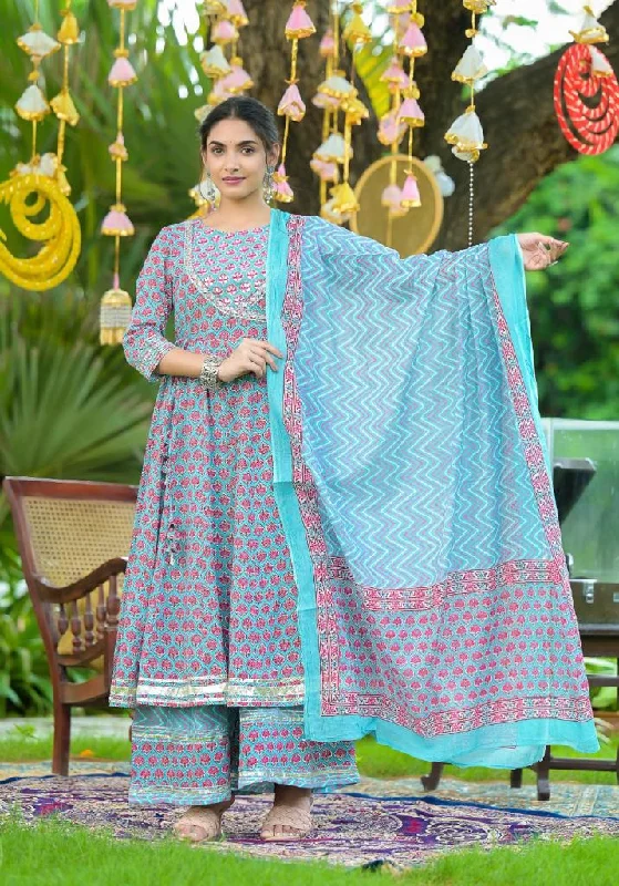 Varanga Blue Ethnic Motif Printed Gotta Patti Embroidered Anarkali Kurta With Palazzo And Dupatta