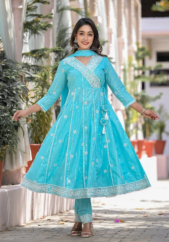 Varanga Blue Thread Embroidered Anarkali Kurta With Bottom And Dupatta