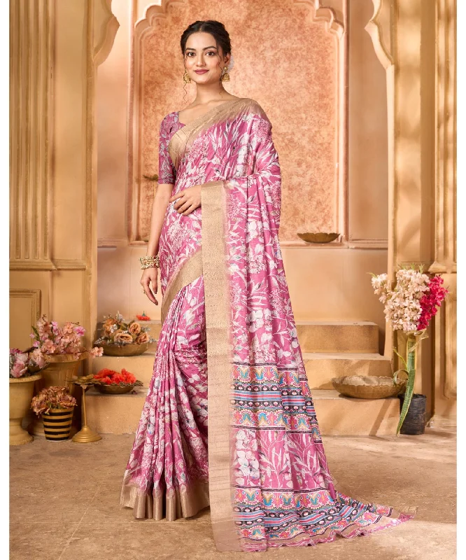 Varanga Pink Cotton Handloom Digital Saree With Zari Border