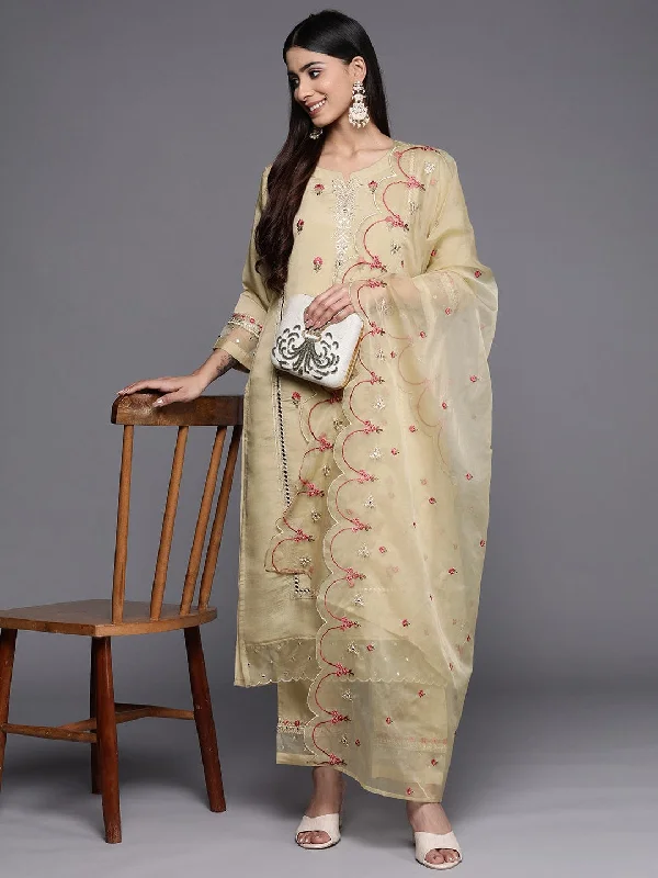 Varanga Floral Embroidered Mirror Work Kurta with Trousers & Dupatta