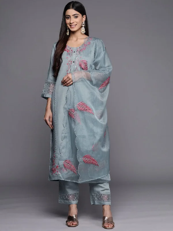 Varanga Women Floral Embroidered Mirror Work Kurta with Trousers & Dupatta