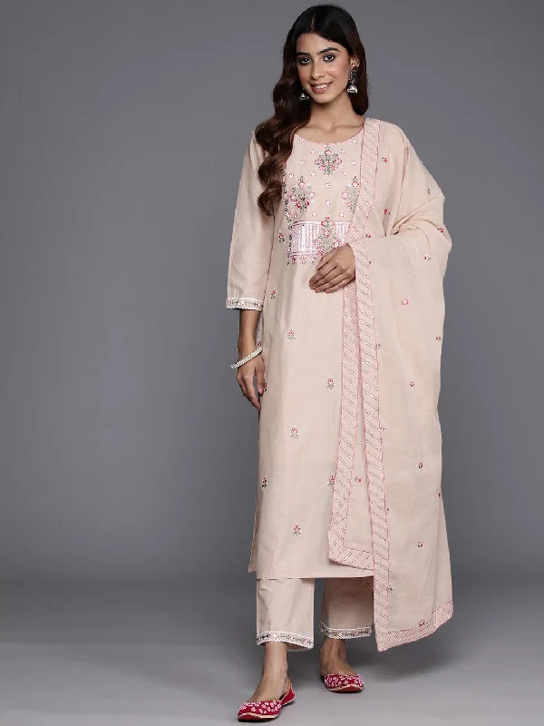 Varanga Floral Embroidered Mirror Work Pure Cotton Kurta with Trousers & Dupatta