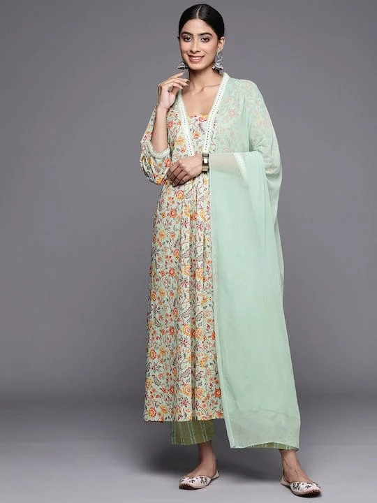 Varanga Floral Printed Regular Mirror Work Kurta With Trousers Dupatta