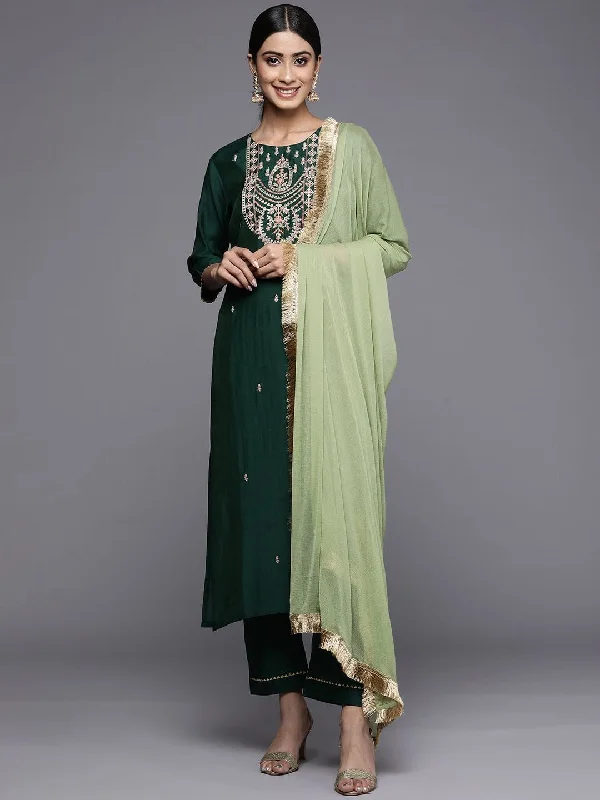 Varanga Green Embroidered Kurta Paired With Tonal Bottom And Contrast Dupatta