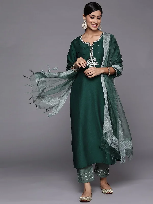 Varanga green embroidered kurta with contrast bottom and dupatta