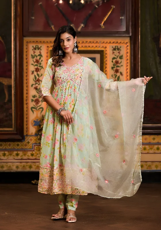 Varanga Green Floral Printed Mirror Work Anarkali Kurta With Bottom And Dupatta