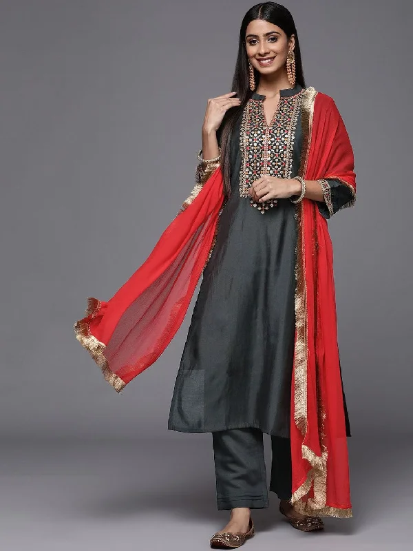 Varanga Grey Embroidered Kurta Paired With Tonal Bottom And Contrast Dupatta