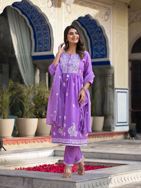 Varanga Lavender Thread Embroidered Kurta Paired With Tonal Bottom And Dupatta