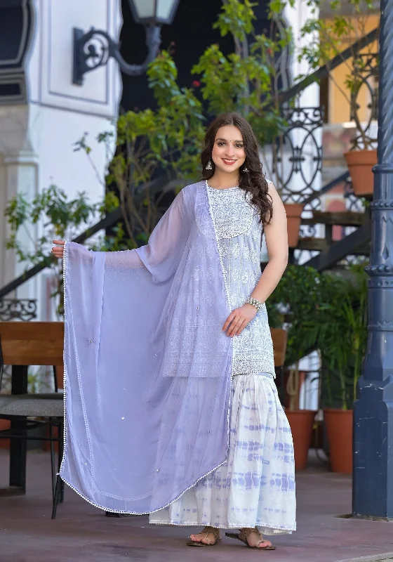 Varanga Lavender Thread Work Embroidered Straight Kurta With Sharara And Dupatta