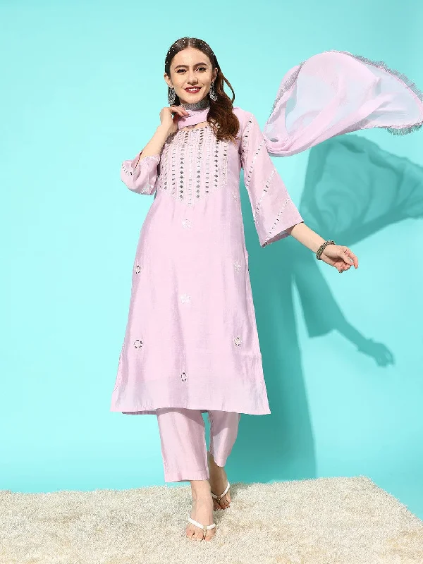 Varanga Lavender Yoke Design Mirror Work Round Neck Kurta with Trousers & With Dupatta