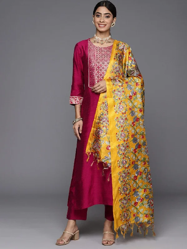 Varanga Magenta Silk Kurta With Woven Yoke And Fully Elasticated Trouser